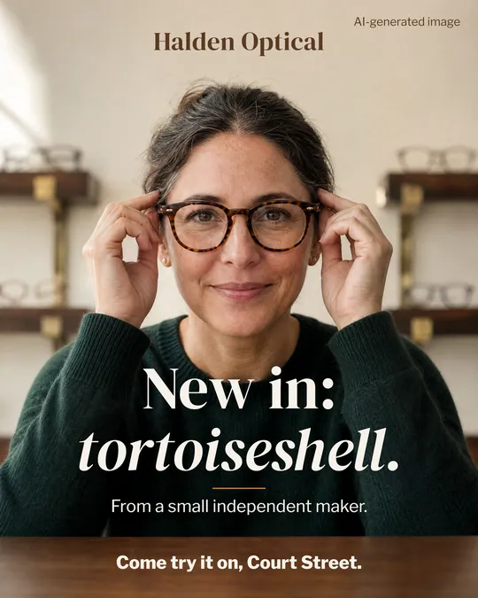 Example post by Halden Optical, an example brand: "New in: tortoiseshell." AI-generated image.